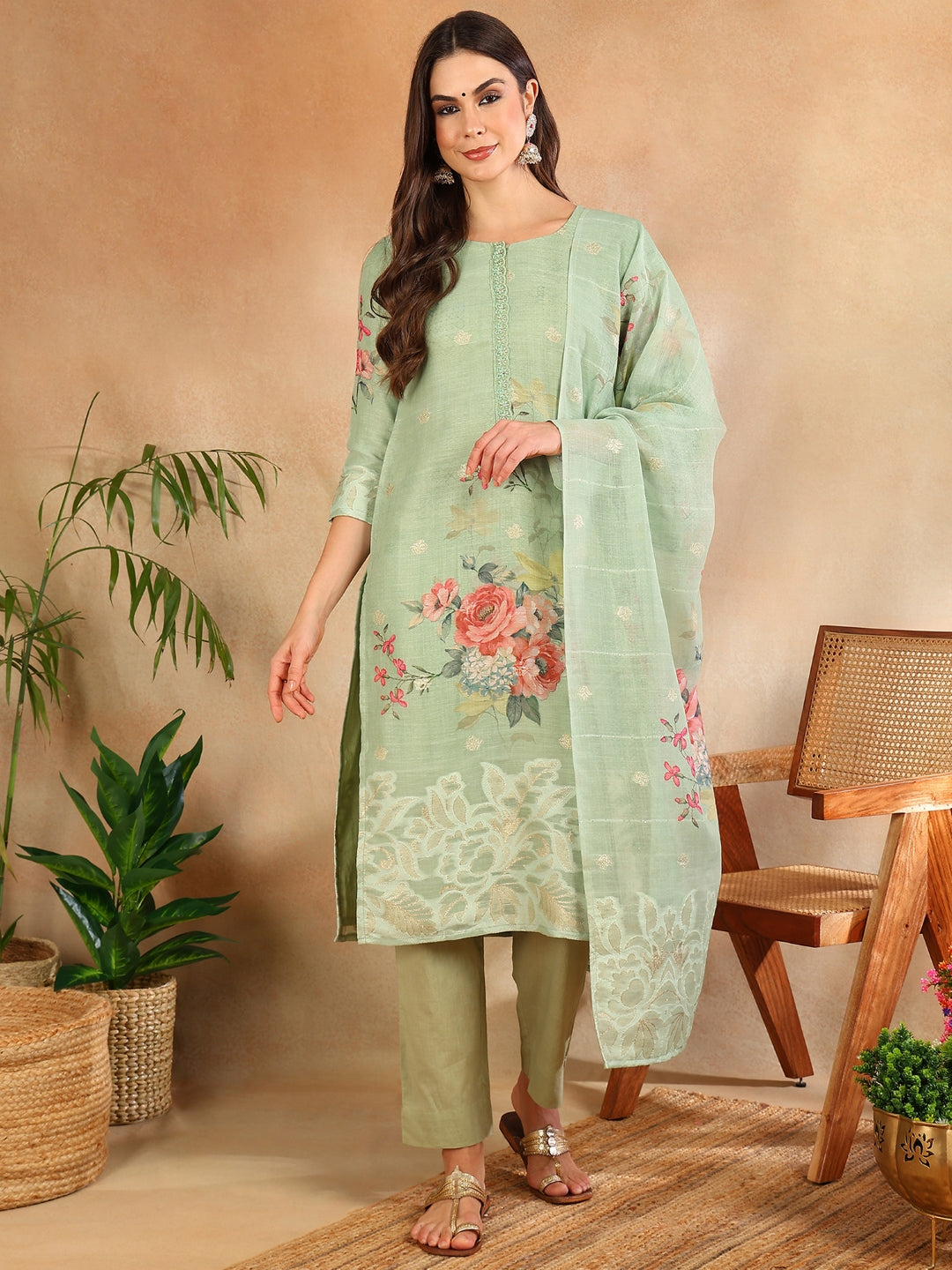 Women's Green Linen Blend Floral Woven Design Straight Kurta Trouser With Dupatta - Ahika