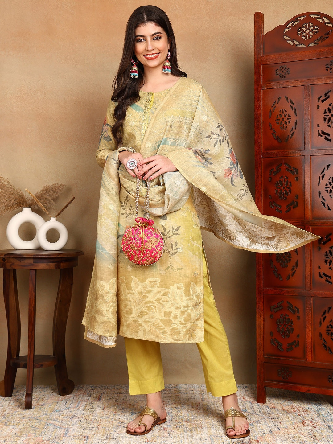 Women's Yellow Linen Woven Design Kurta Trouser With Dupatta - Ahika