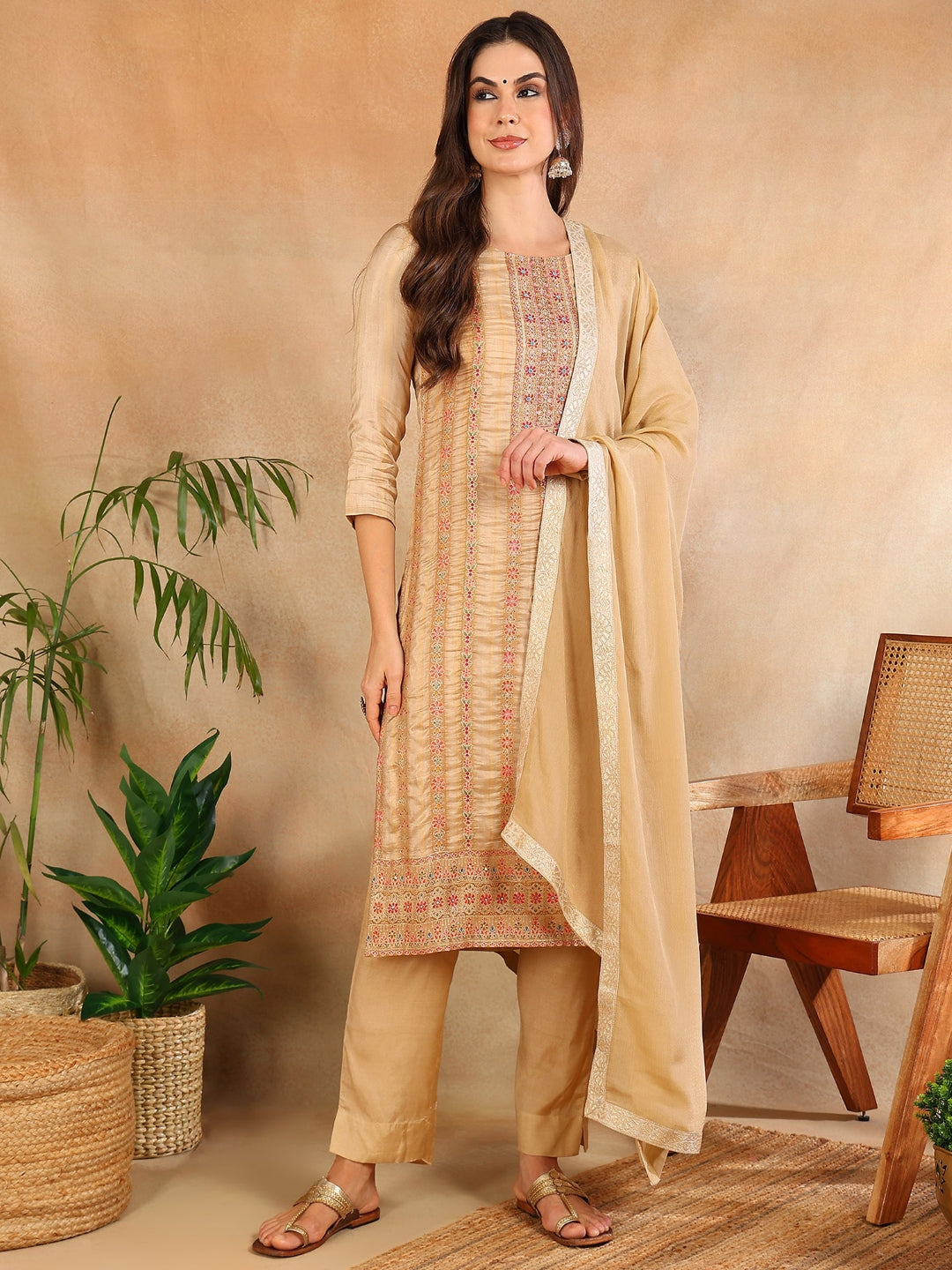 Women's Beige Chanderi Striped Woven Design Straight Kurta Trouser With Dupatta - Ahika