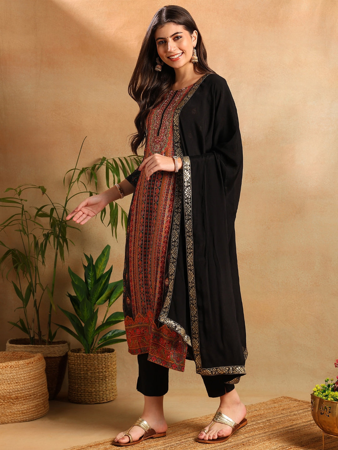 Women's Black Chanderi Ethnic Motifs Woven Design Straight Kurta Trouser With Dupatta - Ahika