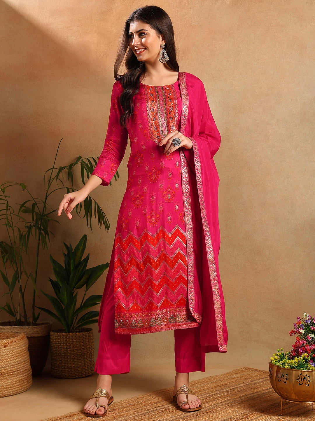 Women's Pink Silk Ethnic Motifs Woven Design Straight Kurta Trouser With Dupatta - Ahika