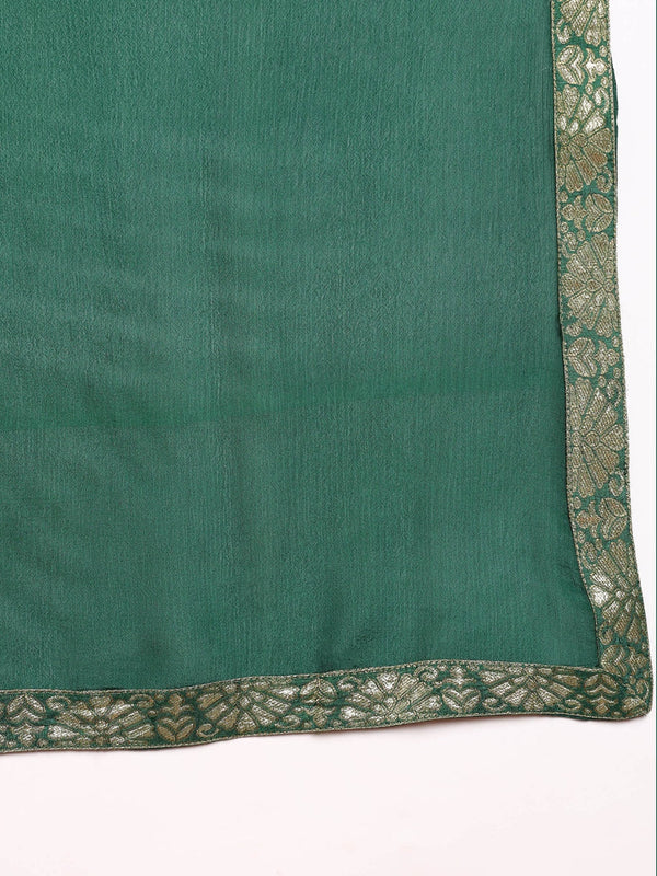 Women's Green Pure Silk Woven Design Kurta Trouser With Dupatta - Ahika