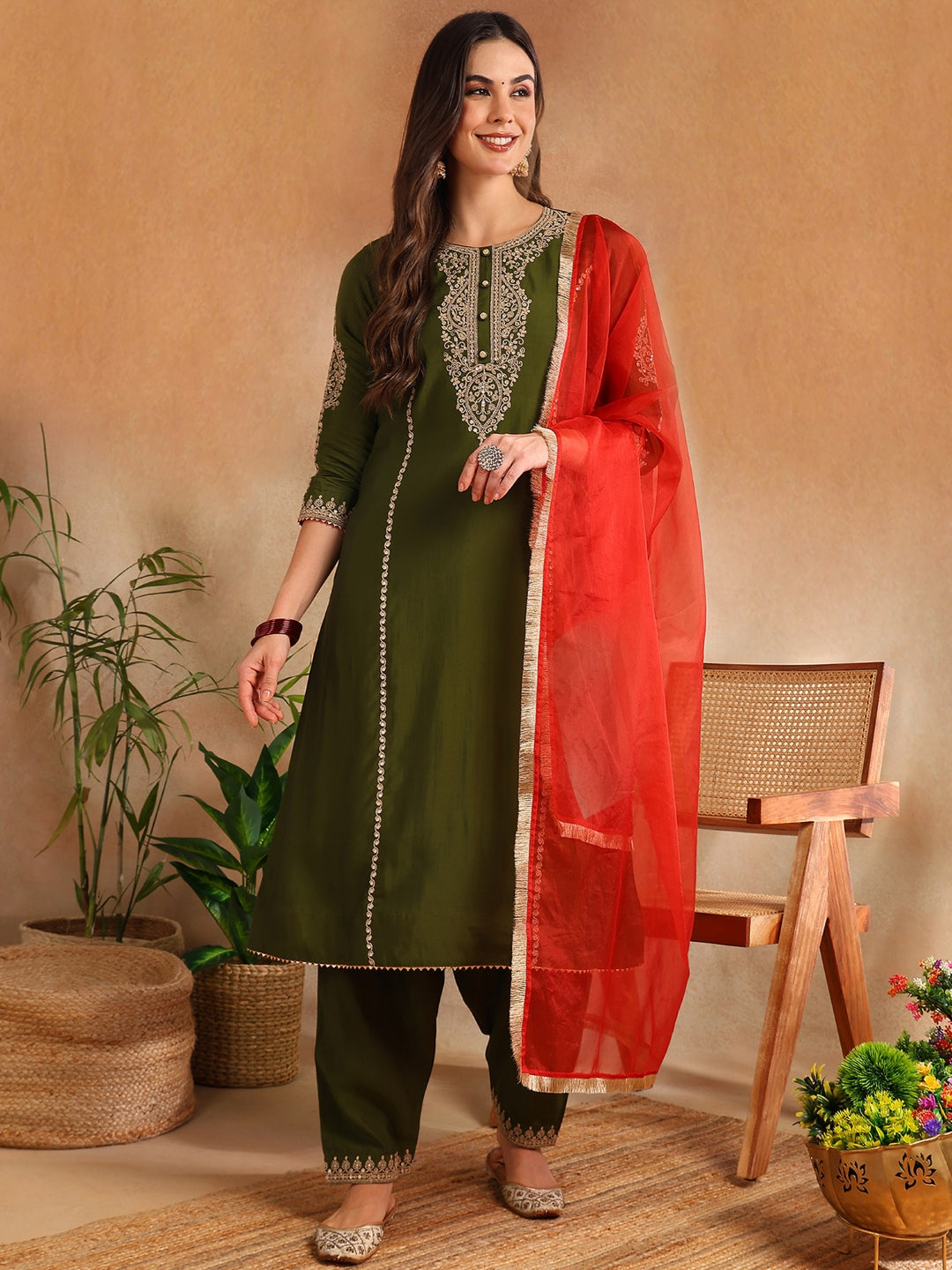 Women's Olive Silk Blend Solid Embroidered A-Line Kurta Salwar With Dupatta - Ahika