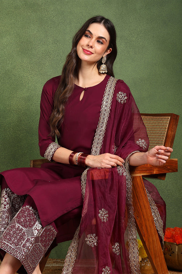 Women's Burgundy Silk Blend Solid Solid Straight Kurta Palazzo With Dupatta - Ahika