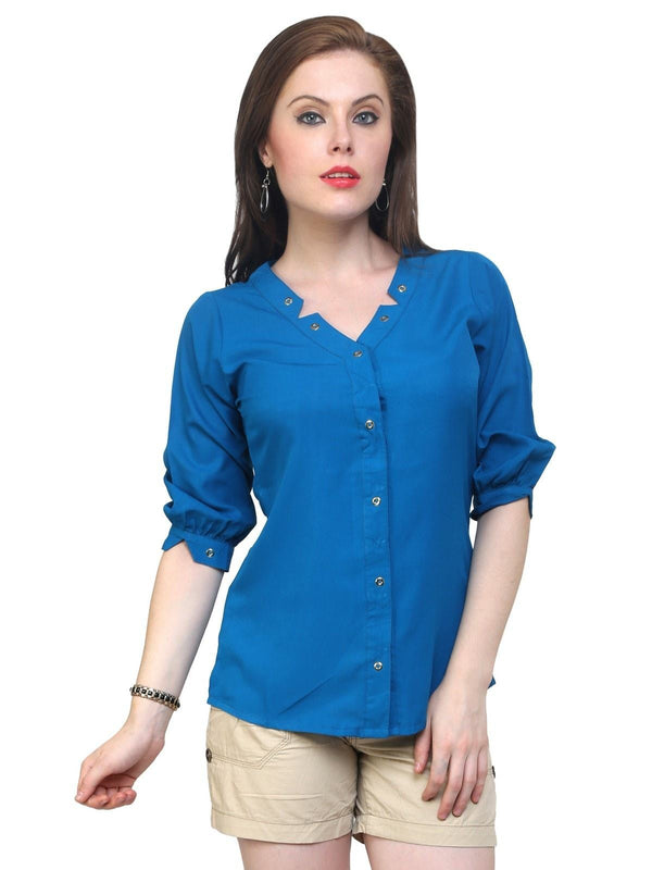 Women's Blue Shirt Top With Detailed Notch Designs - Pannkh