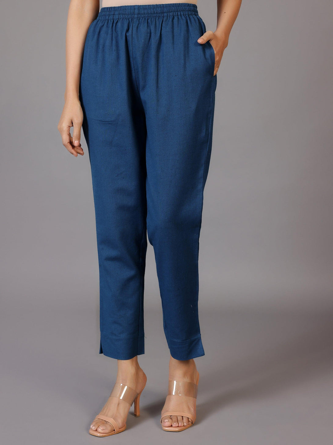 Teal Solid Cotton Trousers - Jashvi