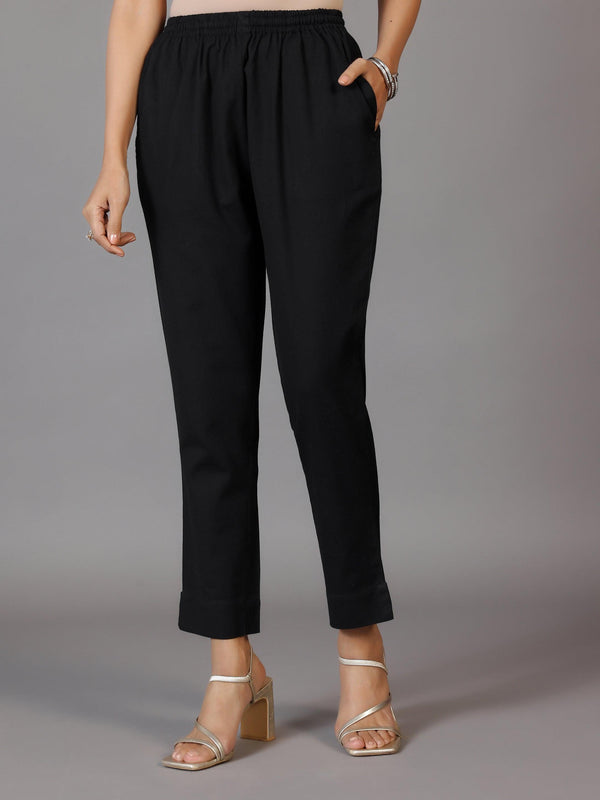 Black Solid Cotton Trousers - Jashvi