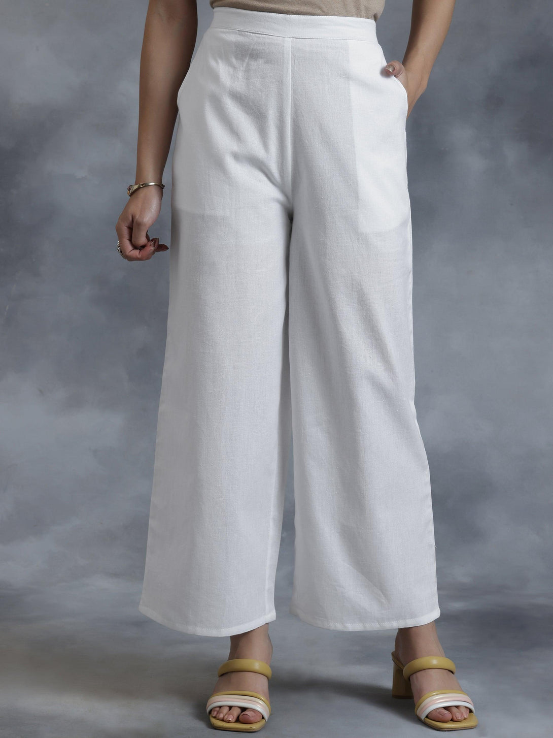 White Solid Cotton Palazzos - Jashvi