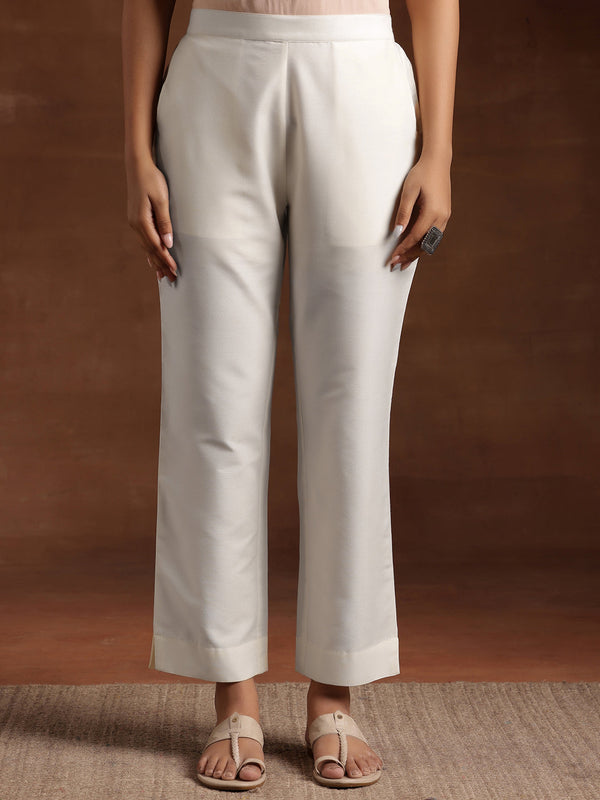 White Solid Silk Trousers