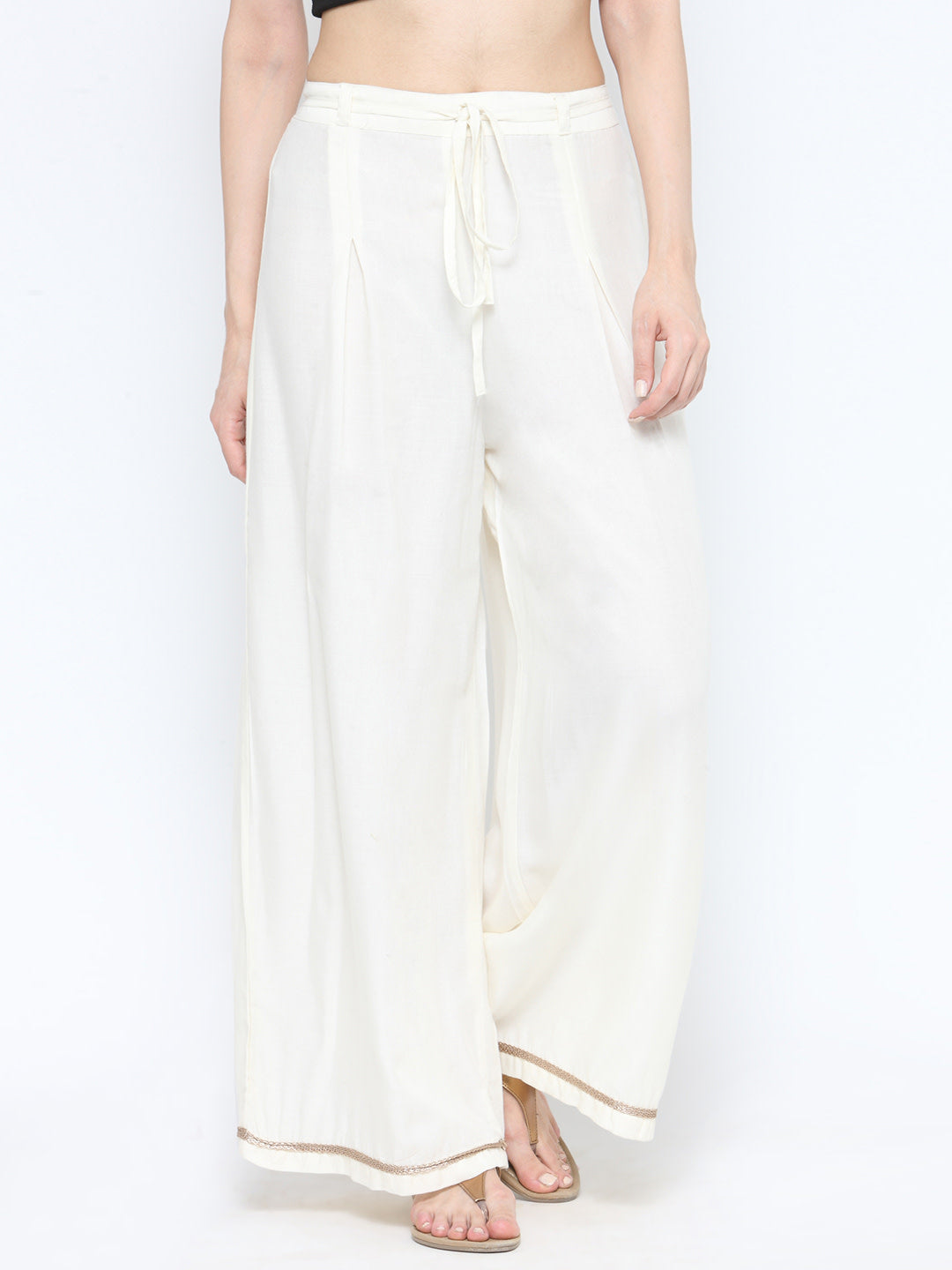 Women's A Pair Of Off-White Solid Woven Wide Leg Palazzos - Noz2Toz