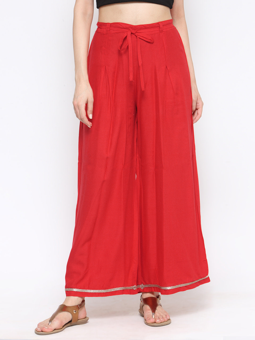 Women's A Pair Of Red Solid Woven Wide Leg Palazzos - Noz2Toz