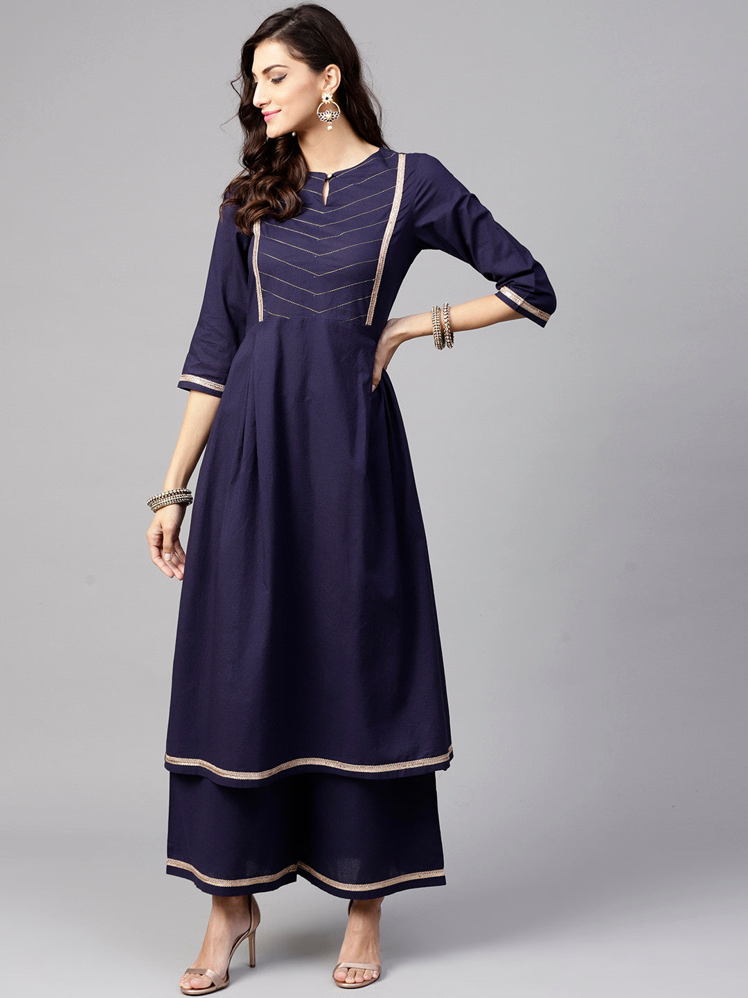 Women's Navy Blue Solid Yoke Design Kurta With Palazzos - Noz2Toz