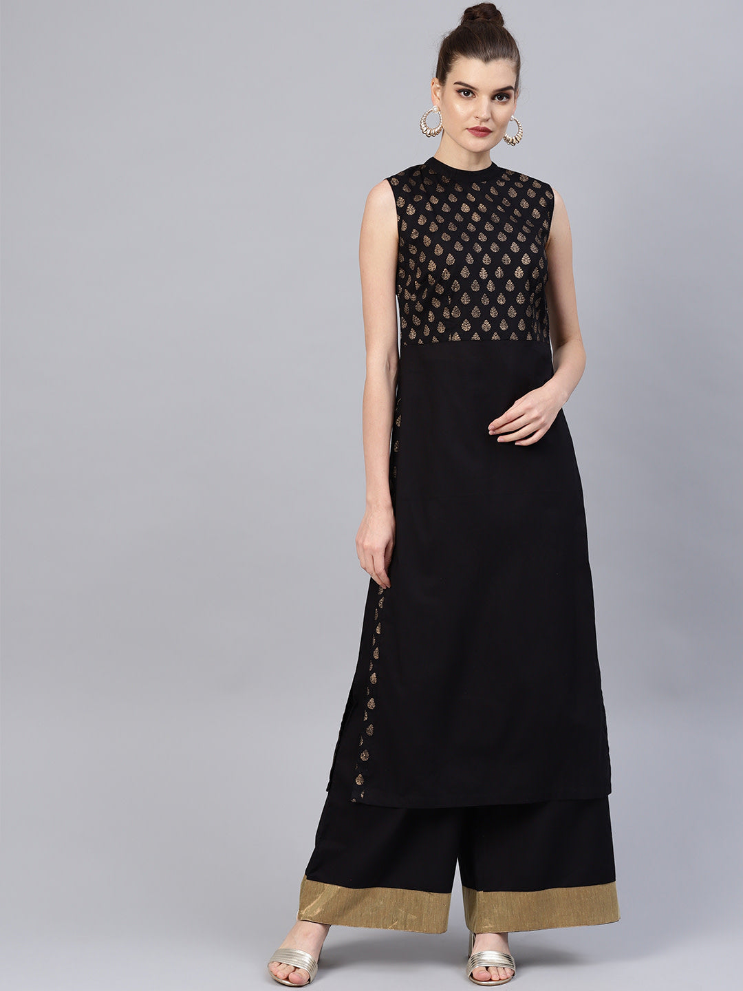 Women's Black And Golden Yoke Design Kurta With Palazzos - Noz2Toz