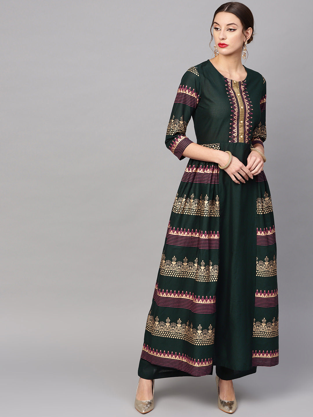 Women's Green And Golden Printed Kurta With Palazzos - Noz2Toz