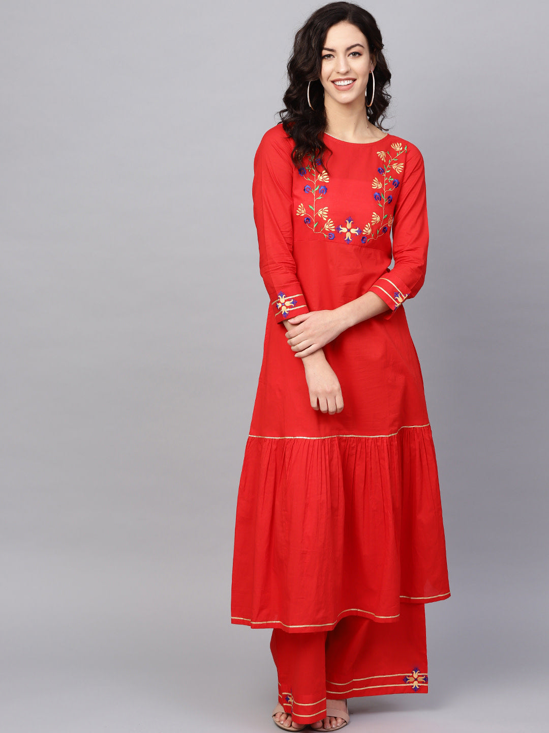 Women's Red Yoke Design Kurta With Palazzos - Noz2Toz