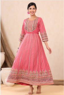 Women's Pink Rayon Printed Anarkali Dress - Juniper