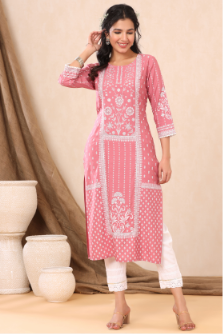 Women's Pink Rayon Printed Straight Kurta - Juniper