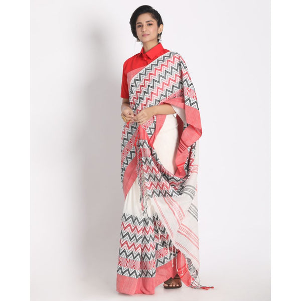 Women's Handspun Cotton White Handloom Begampuri Saree - Piyari Fashion