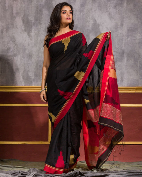 Women's Black Cotton Blend Handloom Saree - Piyari Fashion