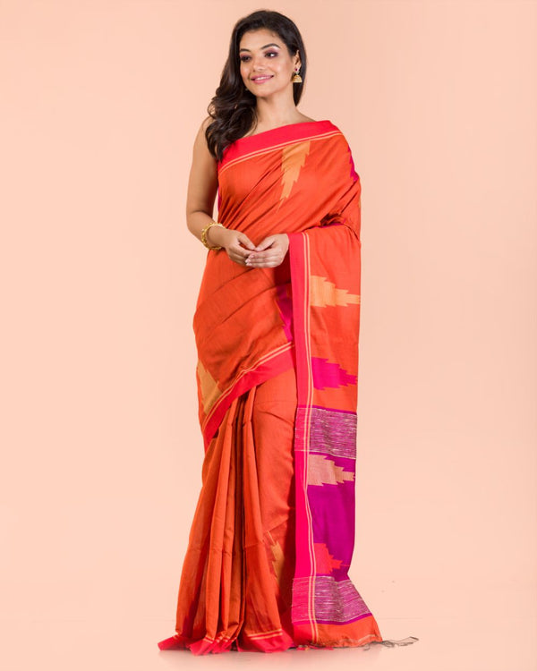 Women's Orange Cotton Blend Handloom Saree - Piyari Fashion