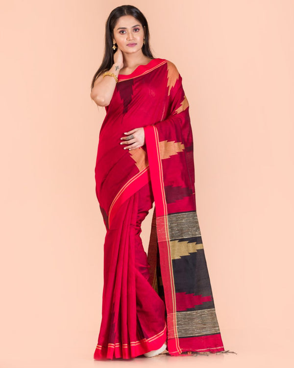 Women's Red Cotton Blend Handloom Saree - Piyari Fashion