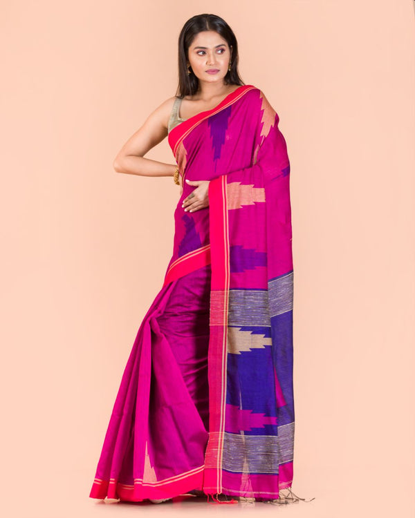 Women's Pink Cotton Blend Handloom Saree - Piyari Fashion