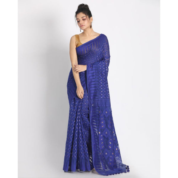 Women's Royel Blue Cotton Silk Jamdani Saree - Piyari Fashion