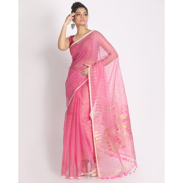 Women's Pink Cotton Silk Jamdani Saree - Piyari Fashion