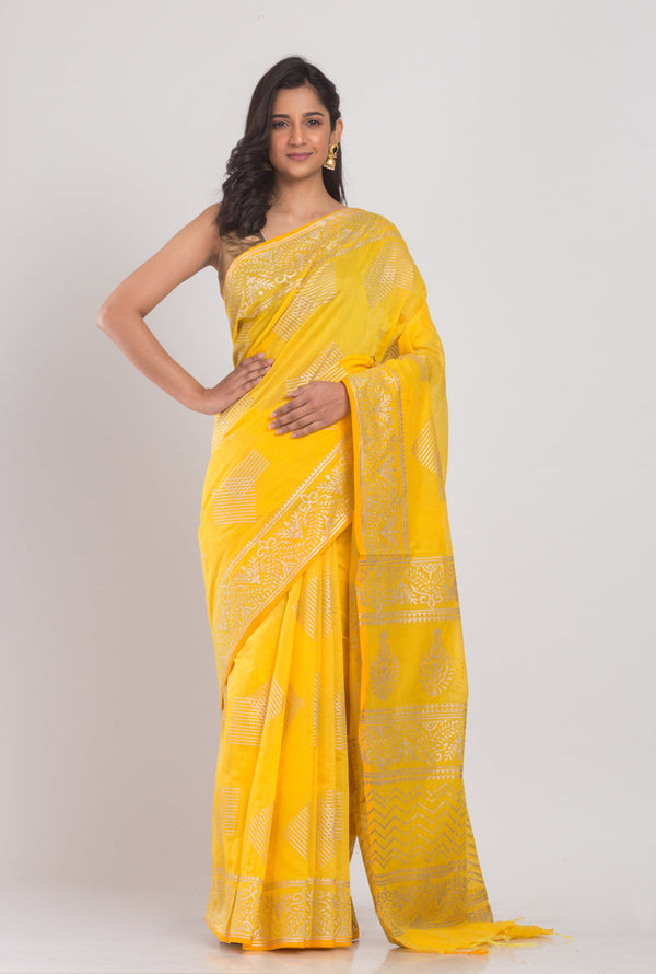 Women's Yellow Hand Woven Cotton Silk Printed Saree - Piyari Fashion