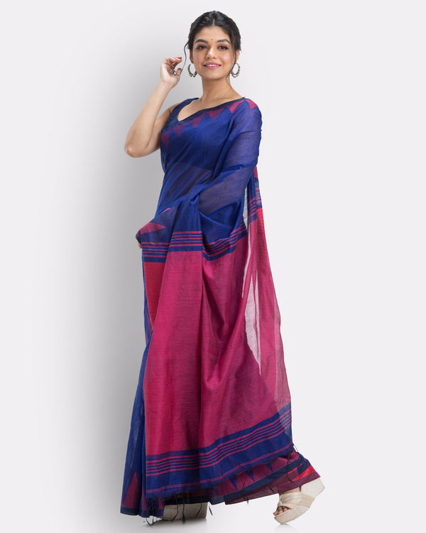 Women's Royel Blue Cotton Blend Handloom Saree - Piyari Fashion