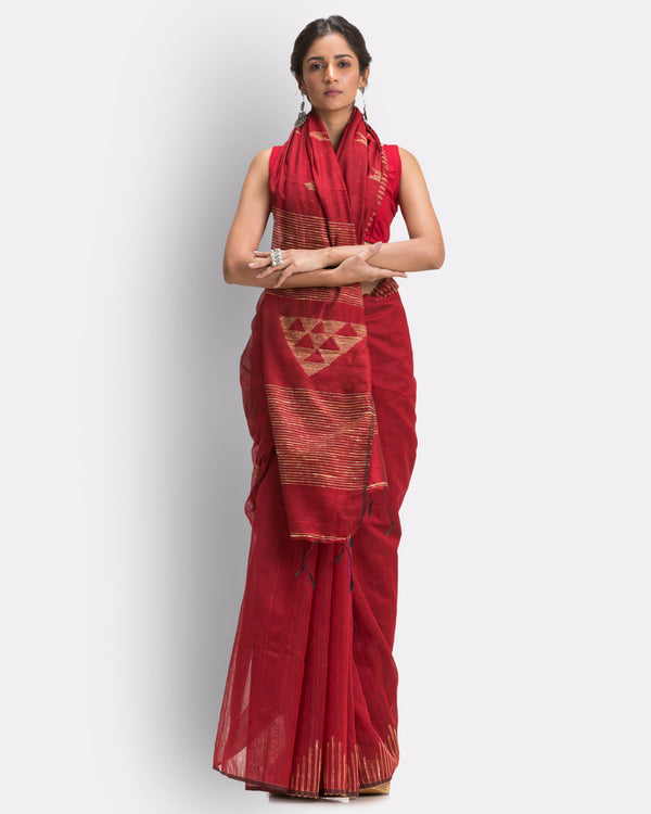 Women's Maroon Cotton Blend Handloom Saree - Piyari Fashion