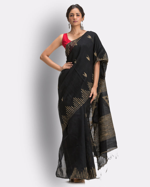 Women's Black Cotton Blend Handloom Saree - Piyari Fashion