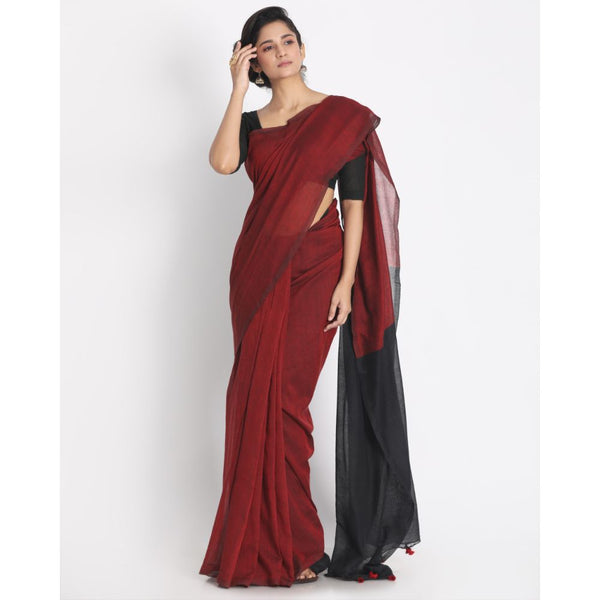 Women's Handspun Cotton Maroon Handloom Saree - Piyari Fashion