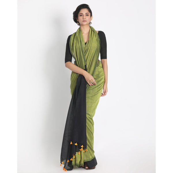 Women's Handspun Cotton Olive Handloom Saree - Piyari Fashion