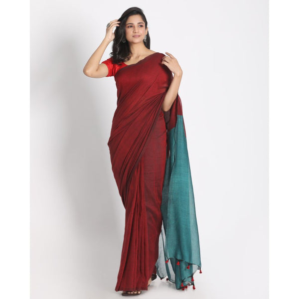 Women's Handspun Cotton Red Handloom Saree - Piyari Fashion