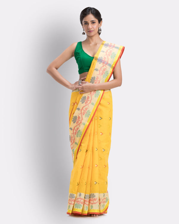 Women's Cotton Yellow Handloom Tant Saree - Piyari Fashion