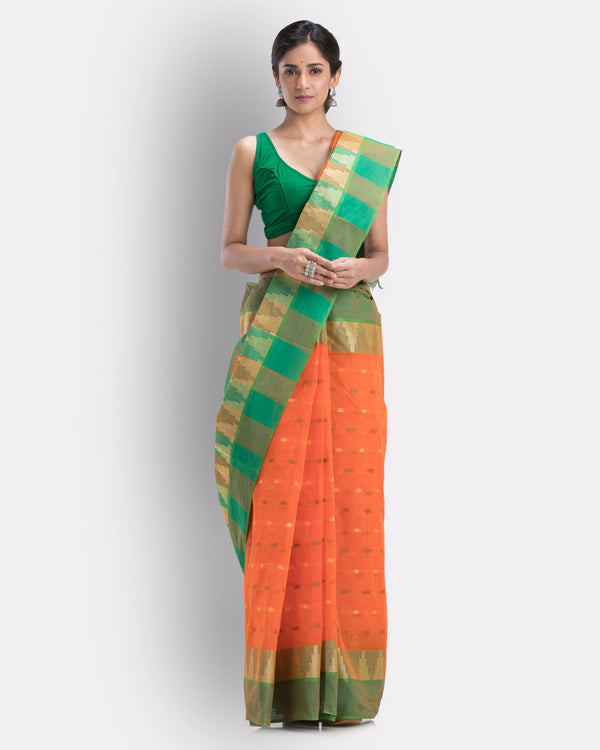 Women's Cotton Orange Handloom Tant Saree - Piyari Fashion