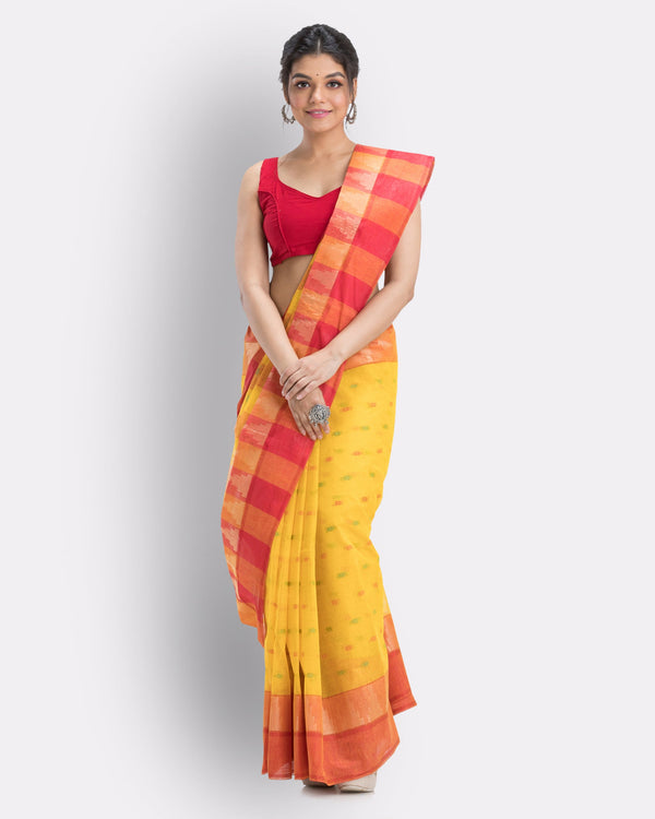 Women's Cotton Yellow Handloom Tant Saree - Piyari Fashion