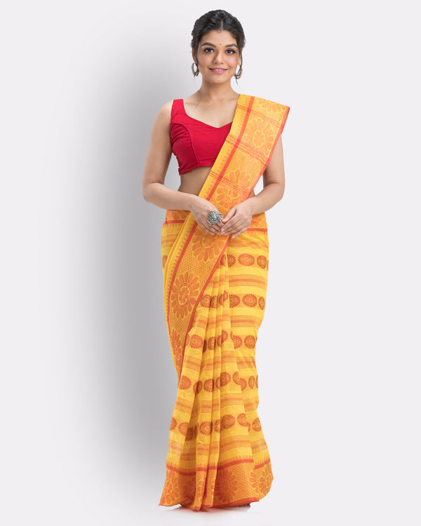 Women's Cotton Yellow Handloom Tant Saree - Piyari Fashion