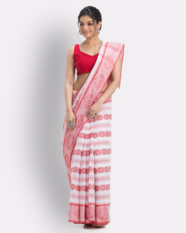 Women's Cotton White Handloom Tant Saree - Piyari Fashion