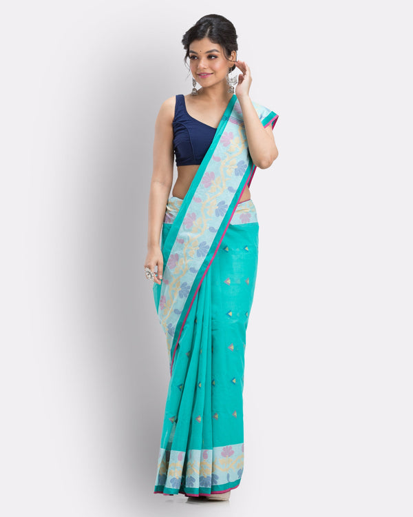 Women's Cotton Sky Blue Handloom Tant Saree - Piyari Fashion