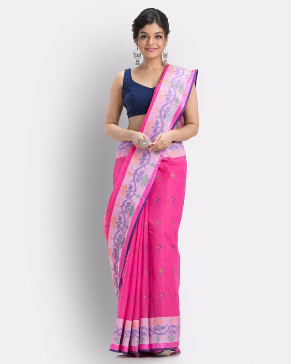 Women's Cotton Pink Handloom Tant Saree - Piyari Fashion