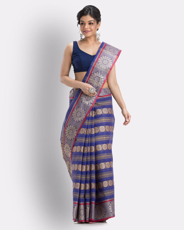 Women's Cotton Navy Blue Handloom Tant Saree - Piyari Fashion