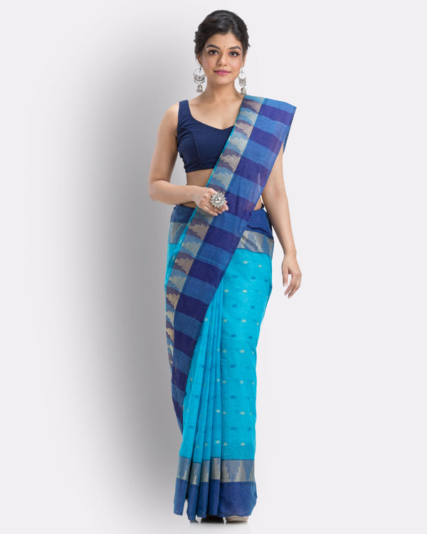 Women's Cotton Sky Blue Handloom Tant Saree - Piyari Fashion