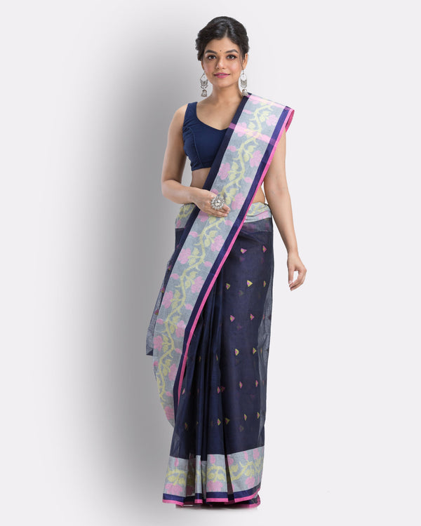 Women's Cotton Navy blue Handloom Tant Saree - Piyari Fashion