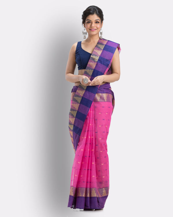 Women's Cotton Pink Handloom Tant Saree - Piyari Fashion