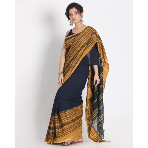 Women's Handspun Cotton Navy Blue Handloom Begampuri Saree - Piyari Fashion