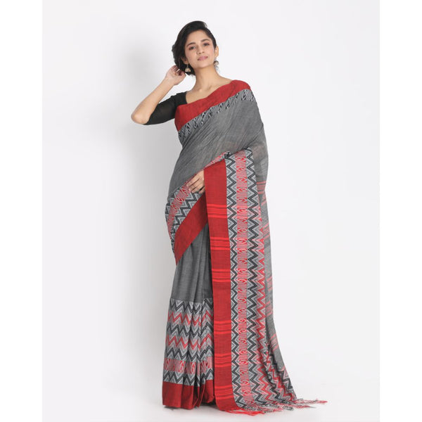 Women's Handspun Cotton Grey Handloom Begampuri Saree - Piyari Fashion