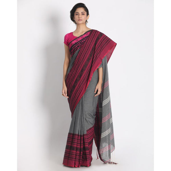 Women's Handspun Cotton Gray Handloom Begampuri Saree - Piyari Fashion