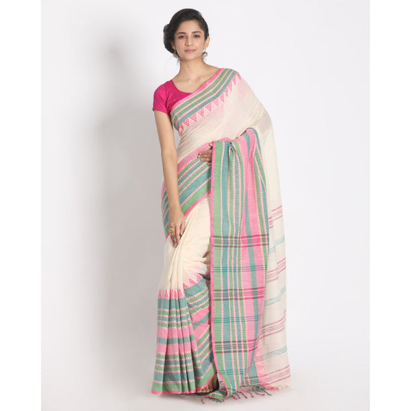 Women's Handspun Cotton White Handloom Begampuri Saree - Piyari Fashion